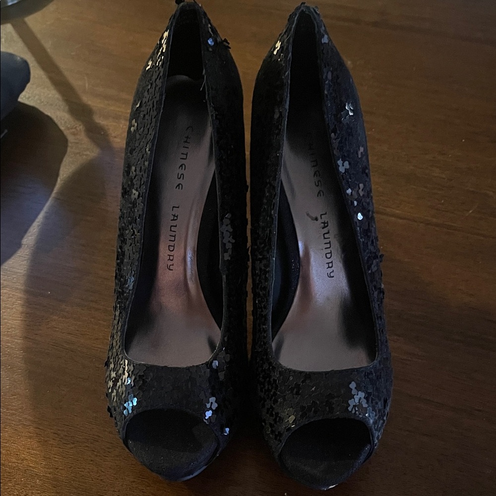 Chinese Laundry Black Sequin Peep Toe Heels